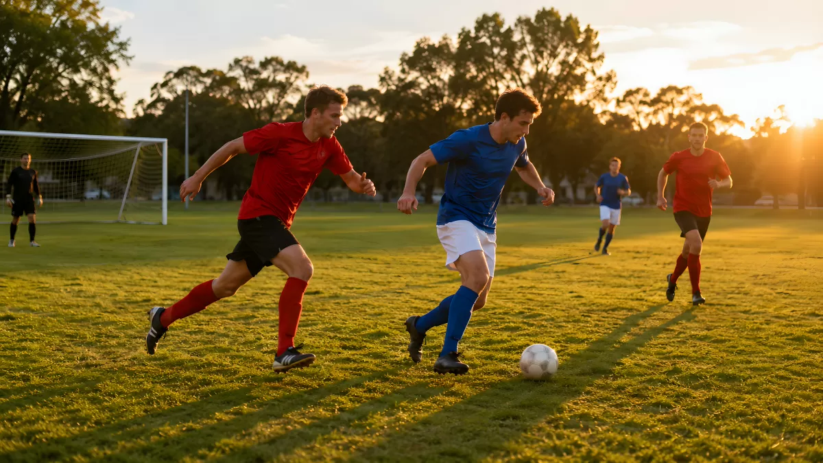 Fußballspieler im Zweikampf bei goldenem Sonnenuntergang