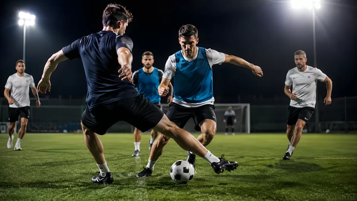 Fußballspieler im Zweikampf bei Nachttraining