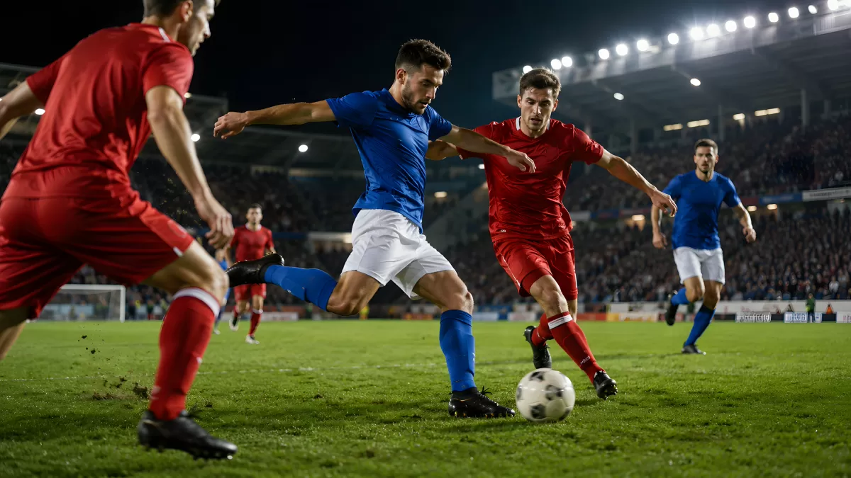 Fußballspieler im Zweikampf beim Nachtspiel im Stadion
