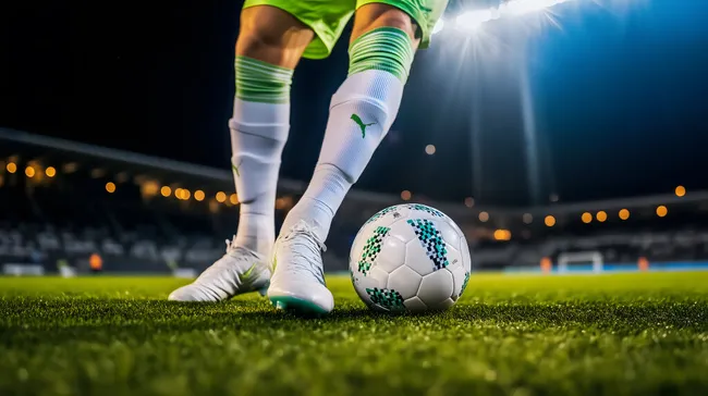 Fußballspieler in grüner Uniform tritt den Ball auf beleuchteter Fußballbühne