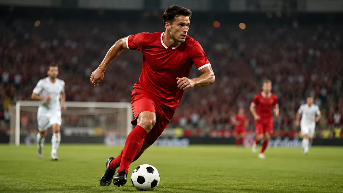 Fußballspieler in Rot dribbelt mit Ball im Stadion