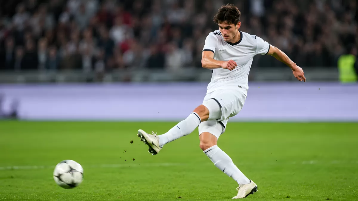 Fußballspieler in Weiß schießt auf das Tor