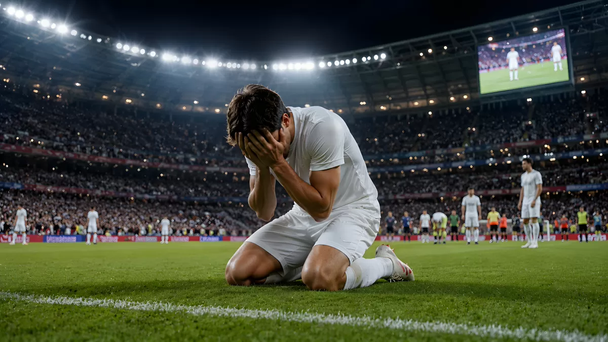 Fußballspieler kniet emotional auf dem Rasen im Stadion