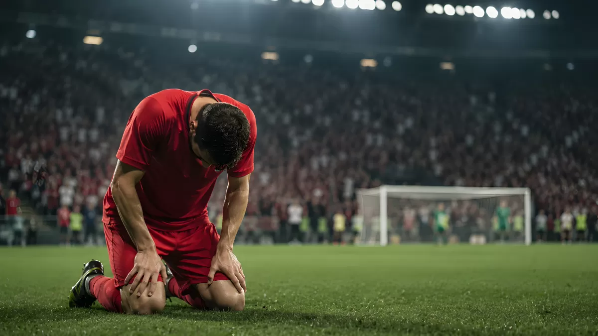 Fußballspieler kniet erschöpft auf dem Rasen im Stadion