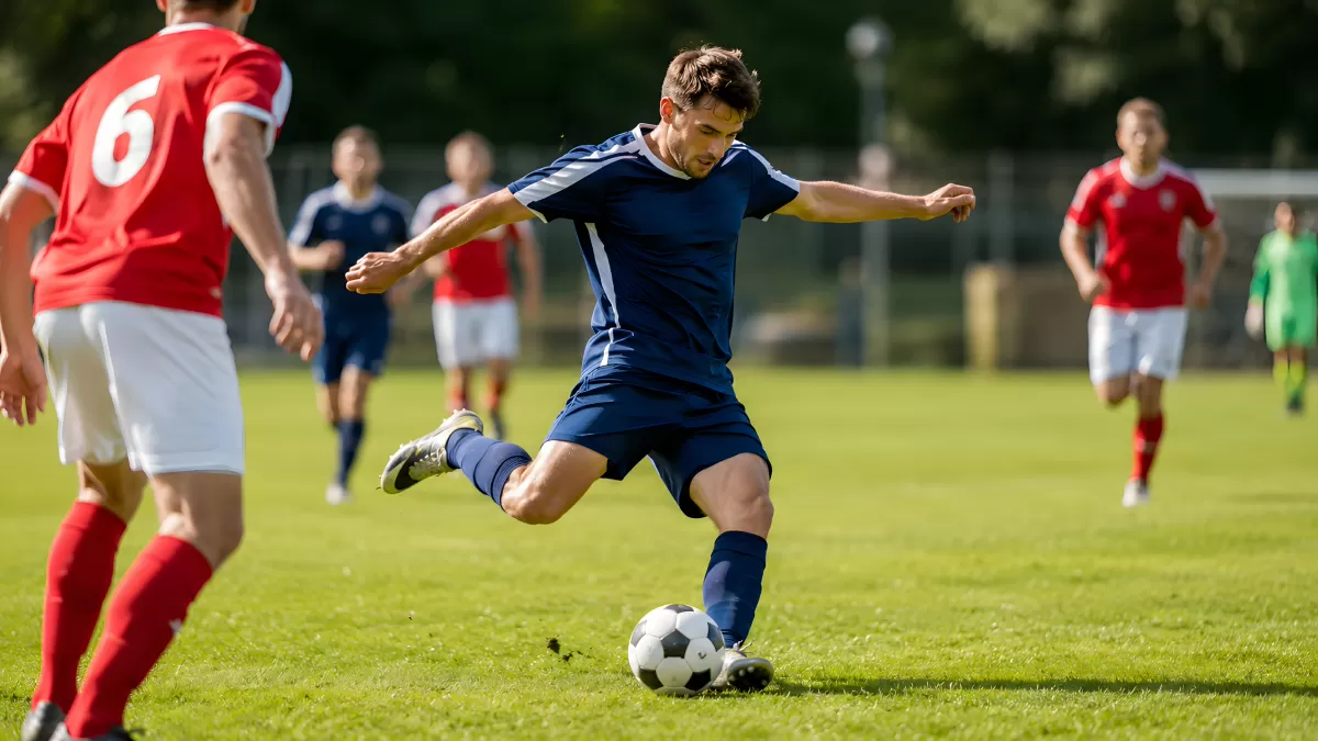 Fußballspieler schießt auf dem Rasen in voller Aktion