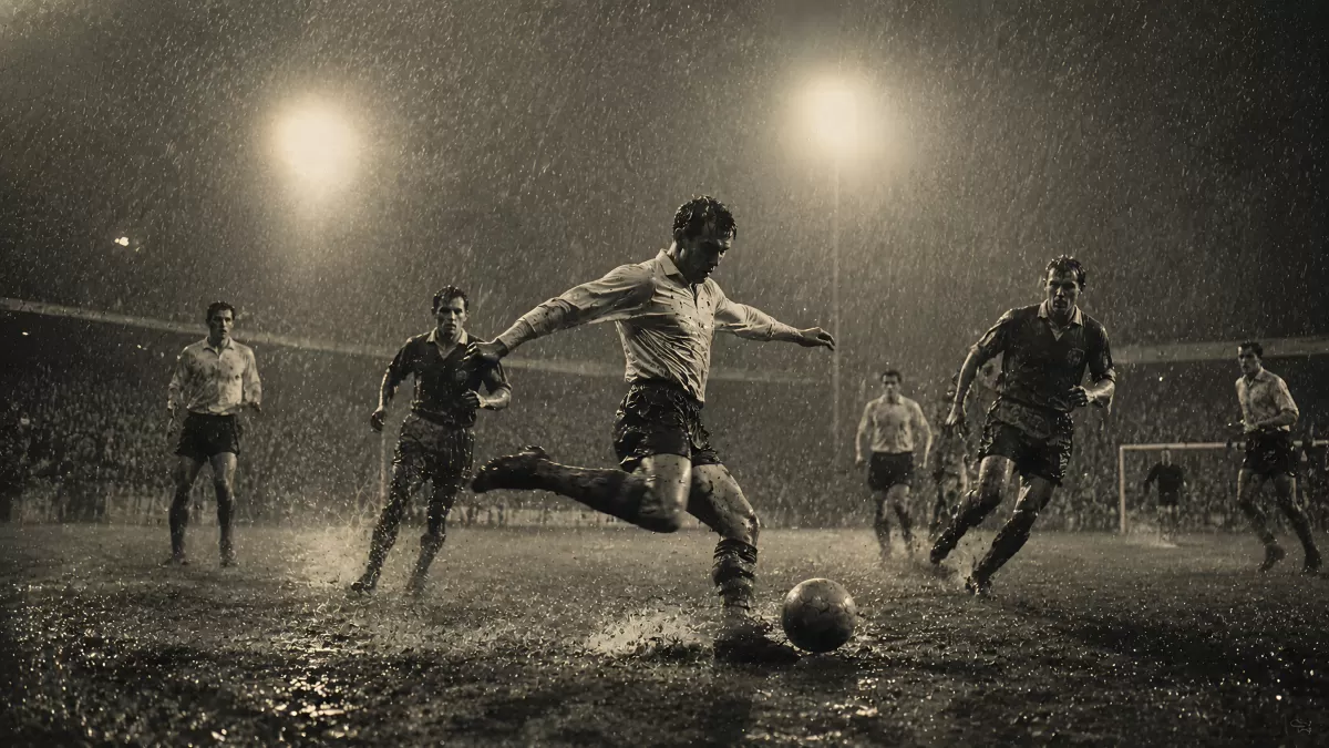 Fußballspieler schießt im Regen bei Flutlicht