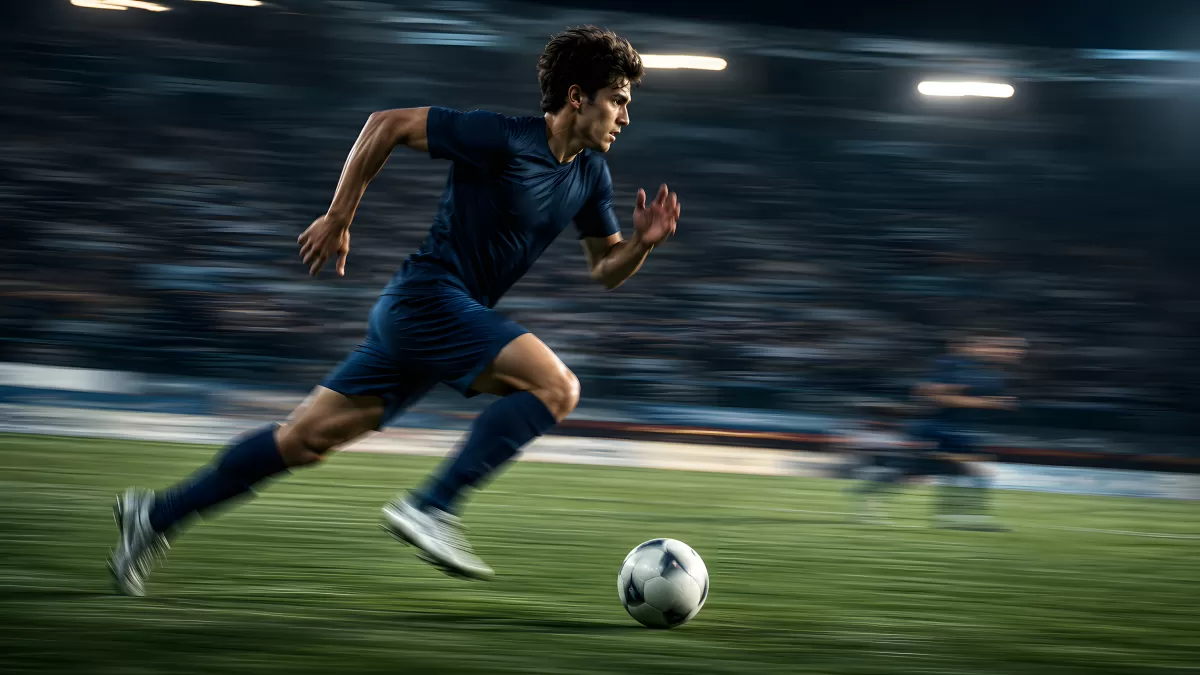 Fußballspieler sprintet mit Ball im Flutlicht-Stadion