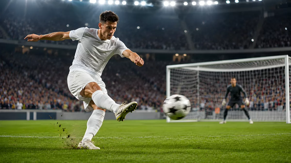 Fußballspieler tritt auf Ball vor vollem Stadion