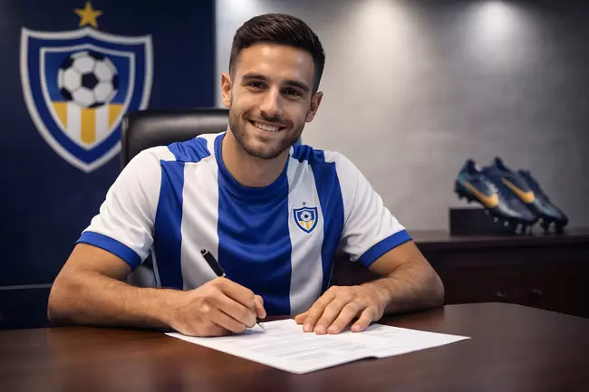 Fußballspieler unterschreibt Vertrag im Vereinsbüro