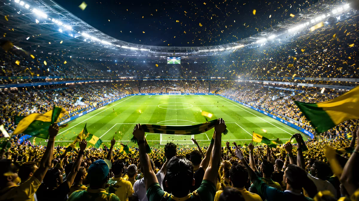 Fußballstadion bei Nacht mit jubelnden brasilianischen Fans