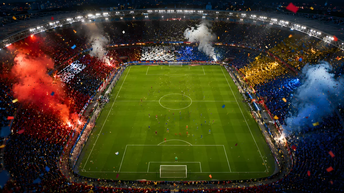 Fußballstadion bei Nacht mit Pyrotechnik und Konfetti