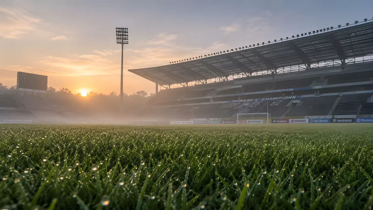 Fußballstadion bei Sonnenaufgang mit taubedecktem Rasen