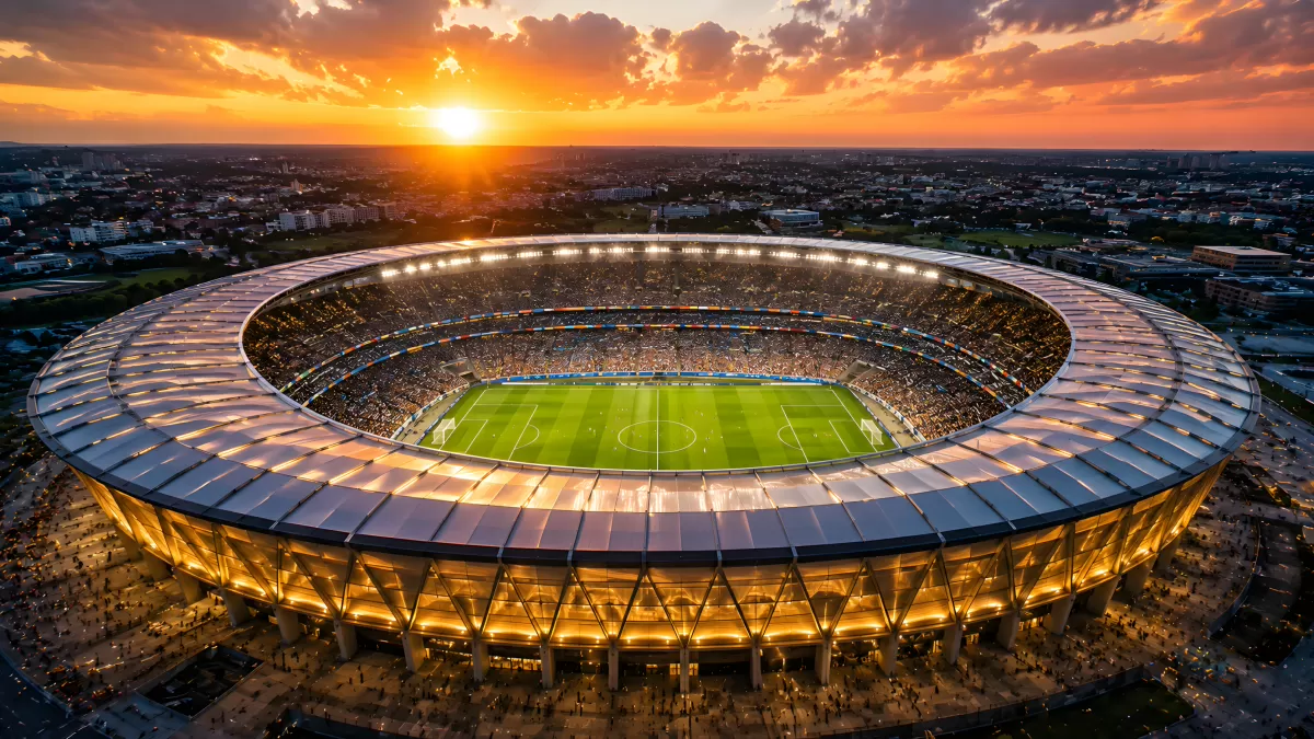 Fußballstadion bei Sonnenuntergang aus der Vogelperspektive