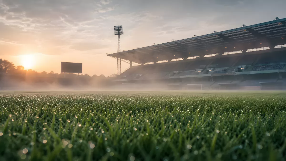 Fußballstadion im Morgennebel bei Sonnenaufgang