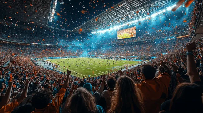 Fußballstadion mit jubelnden Fans und Konfetti