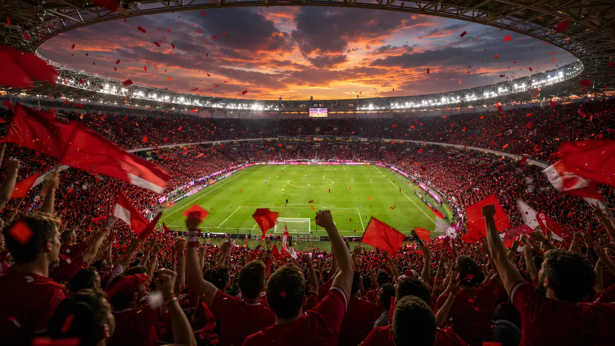 Fußballstadion voller Fans mit roten Fahnen bei Sonnenuntergang