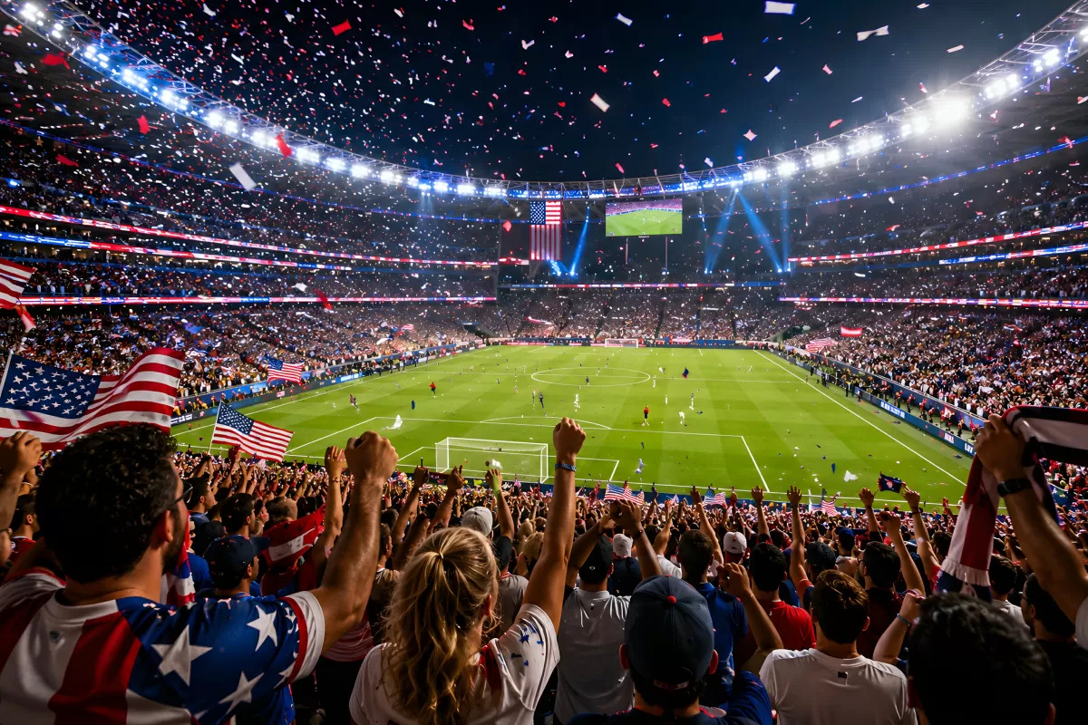 Fußballstadion voller US-Fans mit Konfetti und Flaggen