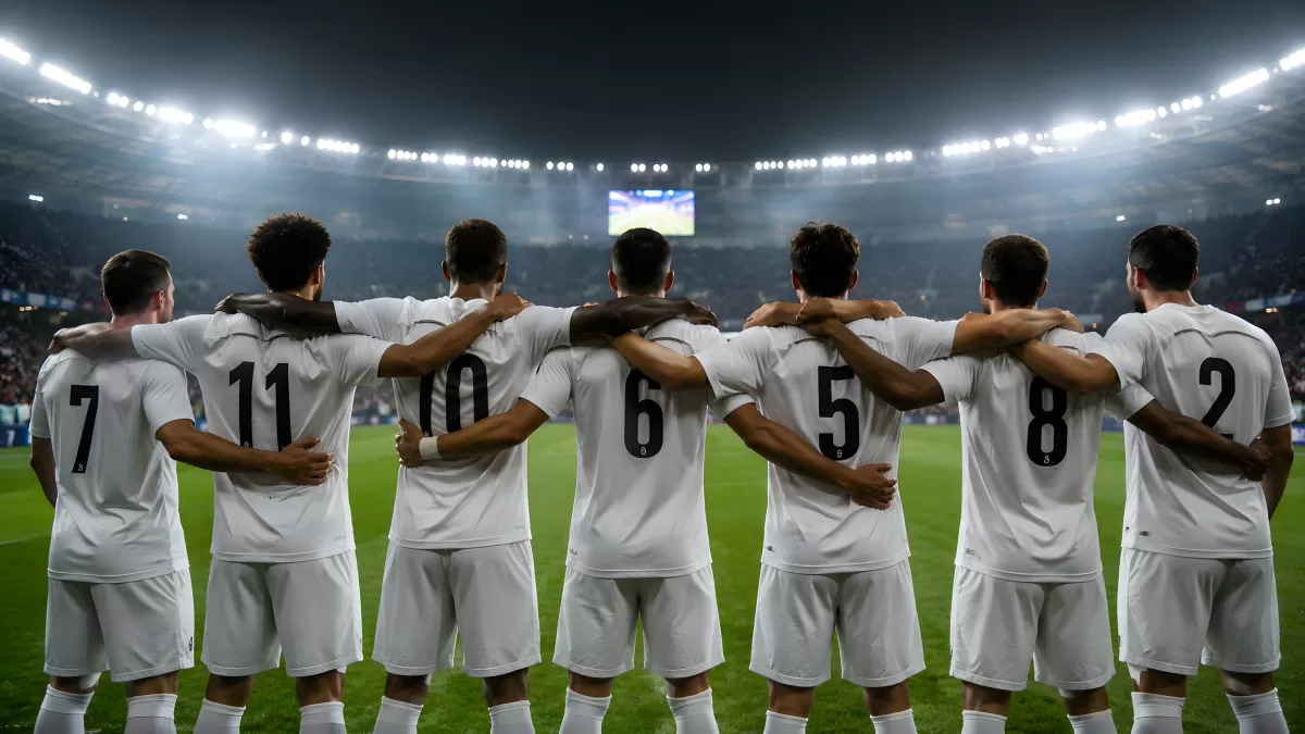 Fußballteam Arm in Arm im beleuchteten Stadion