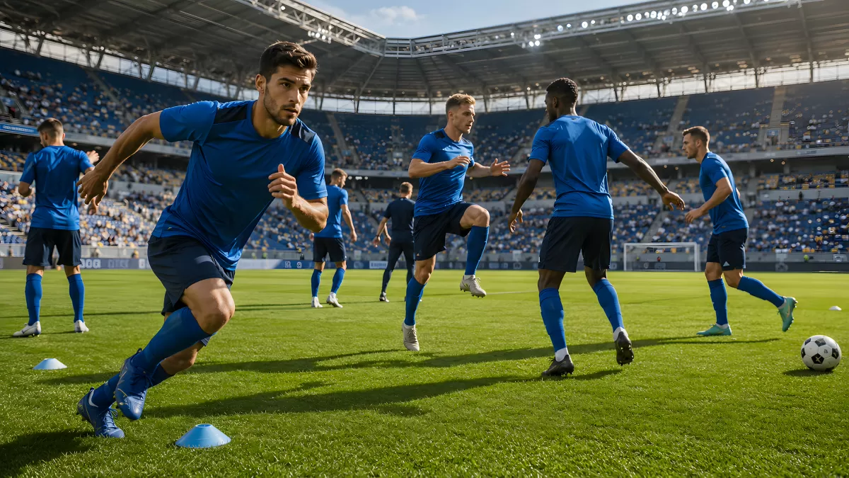 Fußballteam beim Aufwärmen im großen Stadion