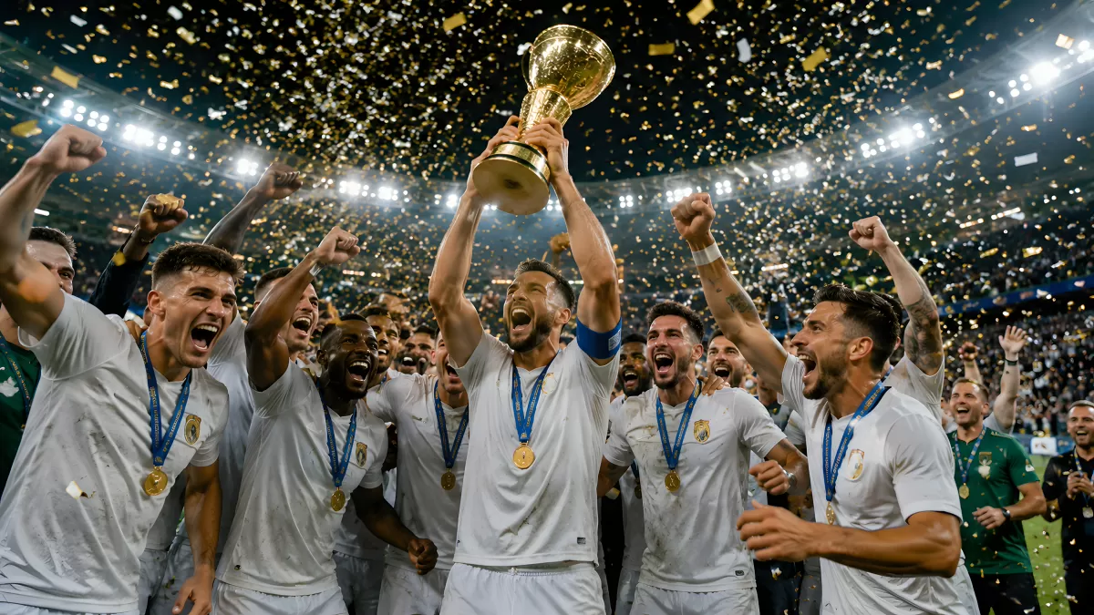 Fußballteam feiert Pokalsieg mit goldener Trophäe