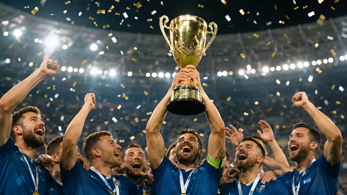 Fußballteam hebt goldenen Pokal im Stadion hoch