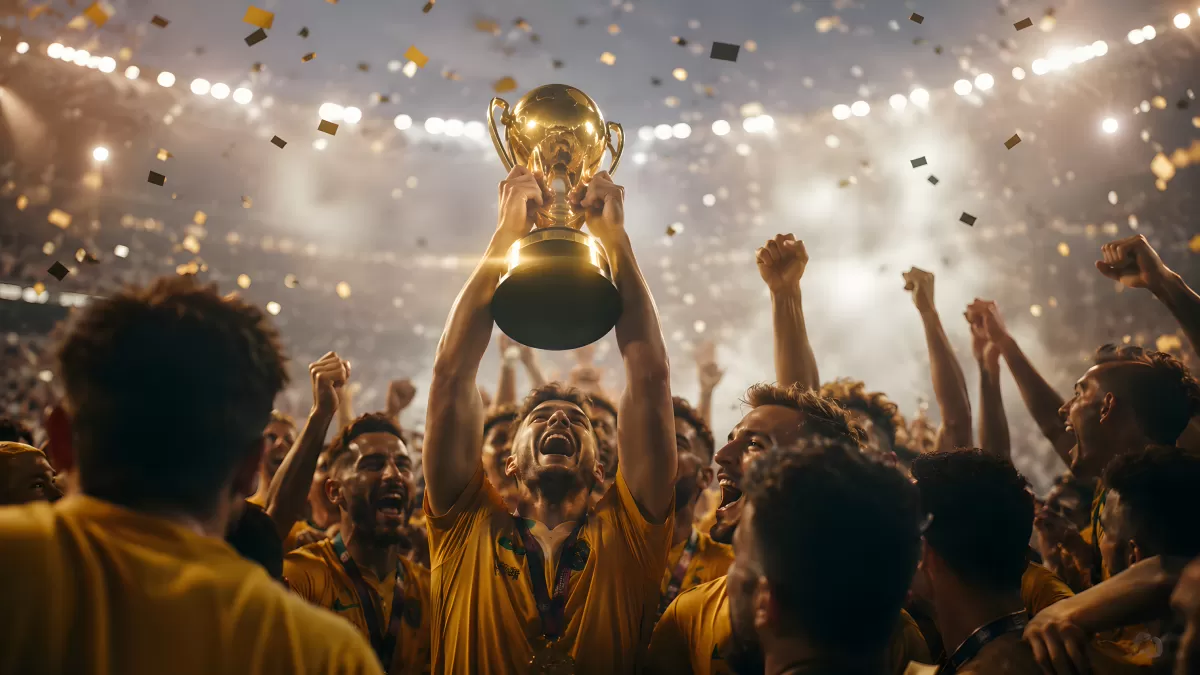 Fußballteam hebt goldenen Pokal im Stadion