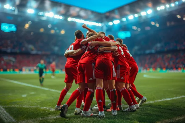 Fußballteam in roter Uniform feiert Sieg