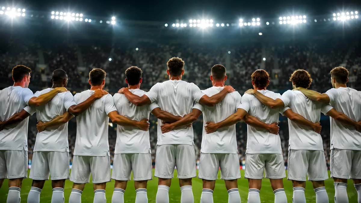 Fußballteam in Weiß steht vereint im Flutlichtstadion
