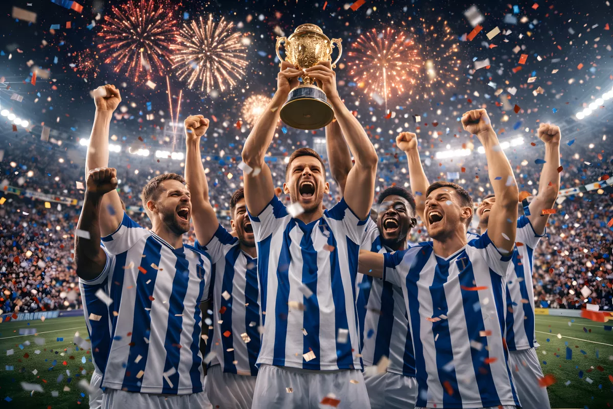 Fußballteam jubelt mit goldener Trophäe im Stadion