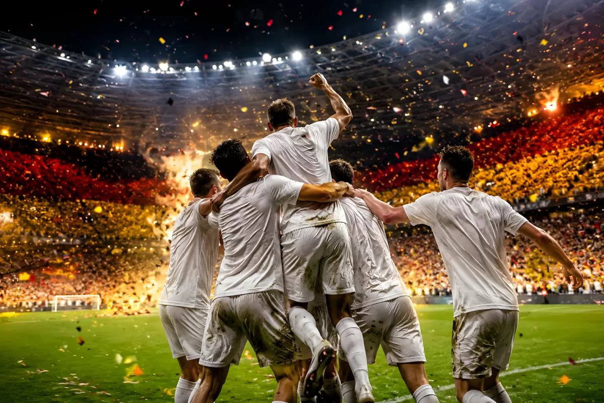 Fußballteam jubelt nach Tor vor begeisterter Fankurve