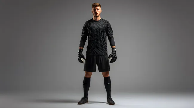 Fußballtorhüter in schwarzer Uniform im Studio