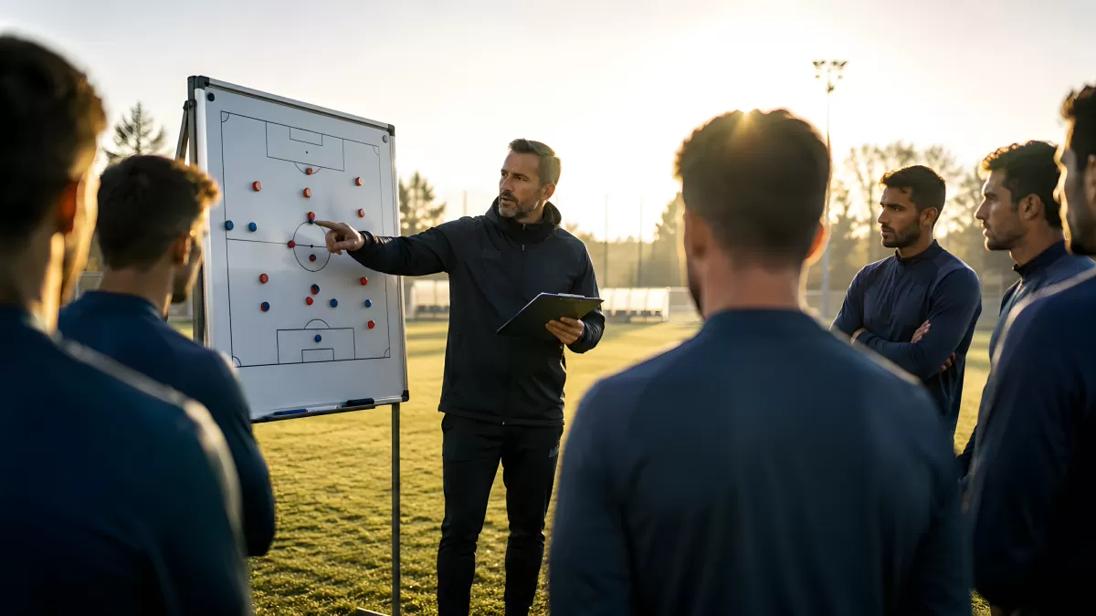 Fußballtrainer erklärt Taktik auf Trainingsplatz