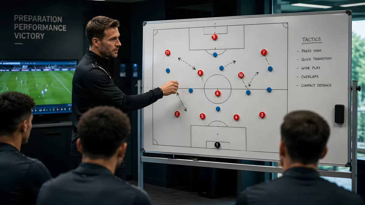 Fußballtrainer erklärt Taktik auf Whiteboard im Team