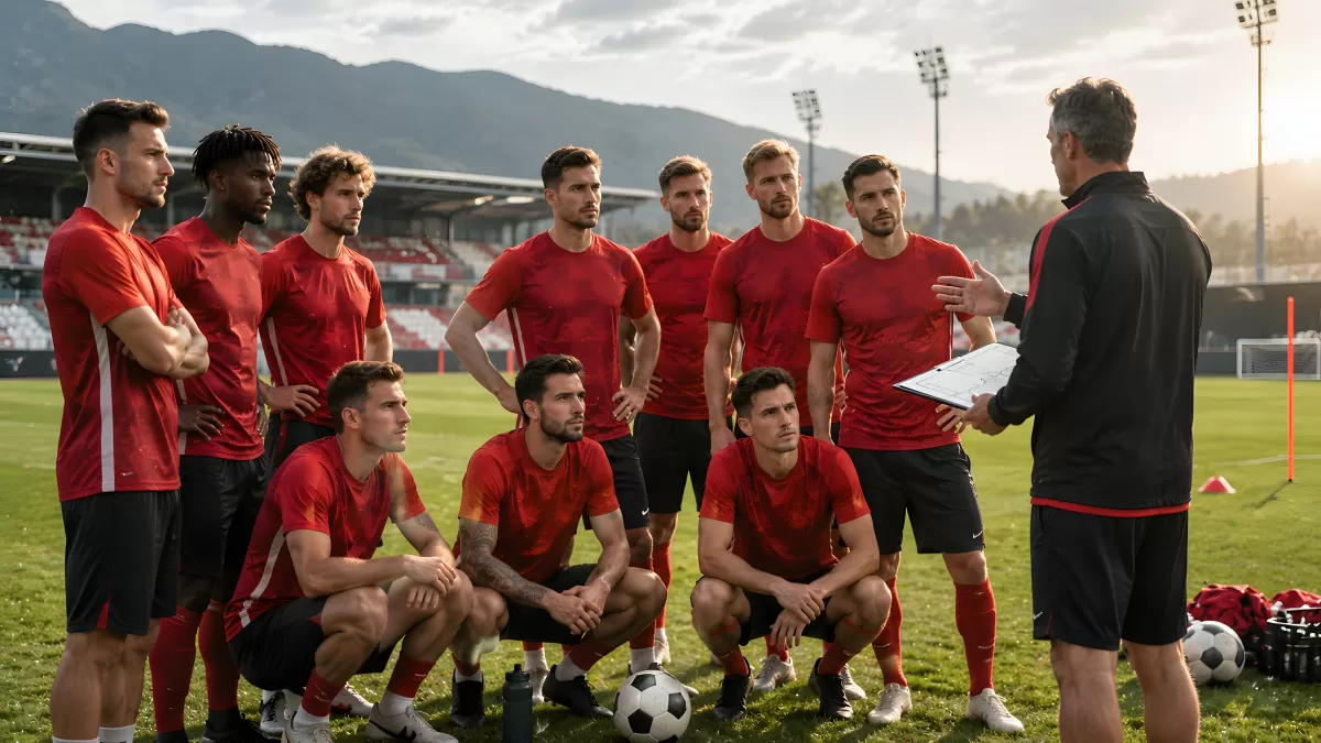 Fußballtrainer erklärt Taktik seiner Mannschaft