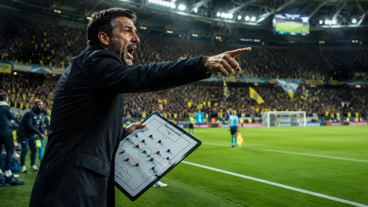 Fußballtrainer gibt taktische Anweisungen am Spielfeldrand
