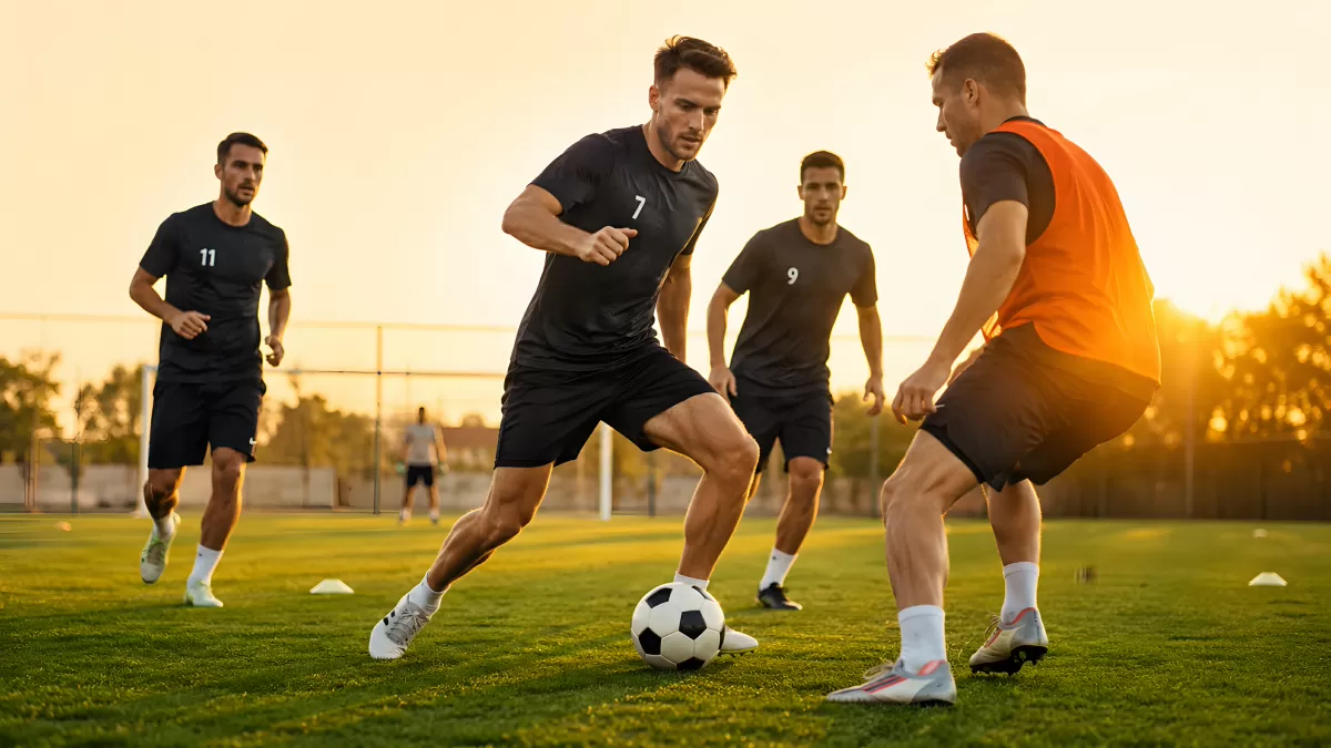 Fußballtraining bei Sonnenuntergang auf Rasenplatz