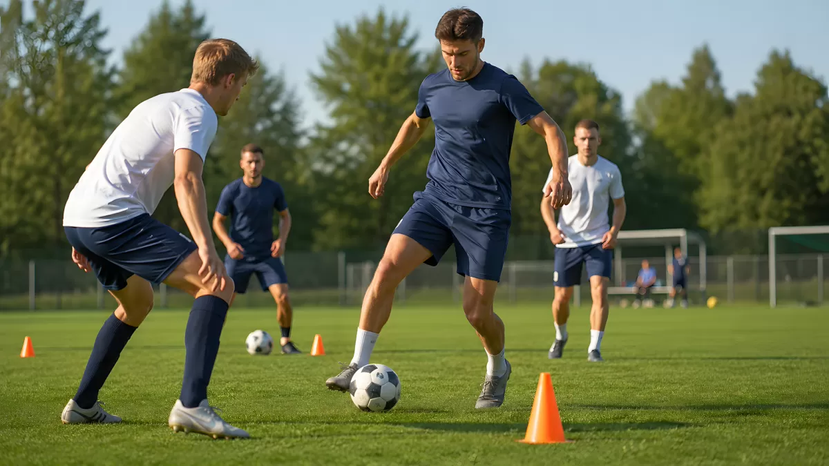 Fußballtraining mit Cones auf grünem Rasenplatz