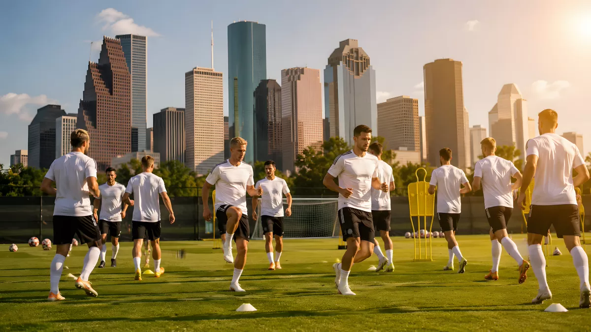 Fußballtraining mit Stadtkulisse im Hintergrund