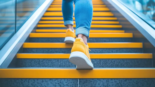 Fußgänger auf Treppe statt Rolltreppe im modernen Ambiente