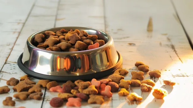 Futter-Napf mit knackigen Leckerchen auf Holztisch
