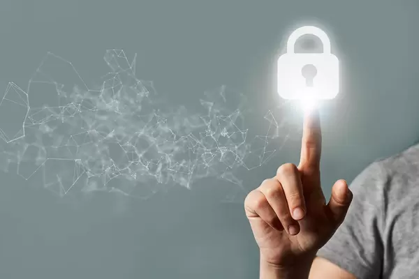 Future technology concept - a finger pushing a holographic lock