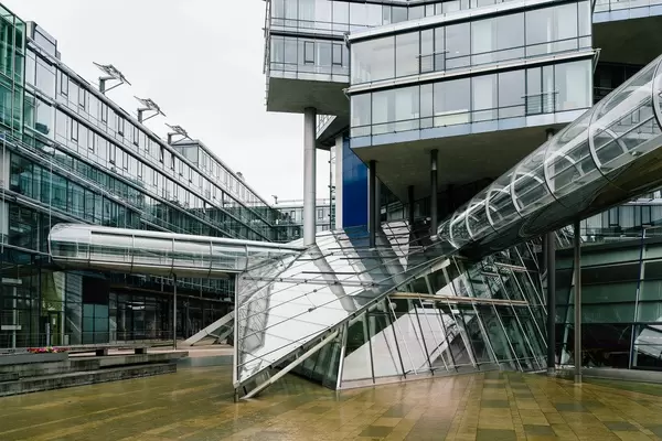 Futuristic building of Norddeutsche Landesbank (NORD LB) made of glass and metal by Behnisch Architekten