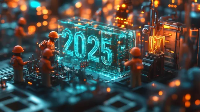 Futuristische Baustellenkulisse mit Robotern beim Aufbau der Zahl 2025