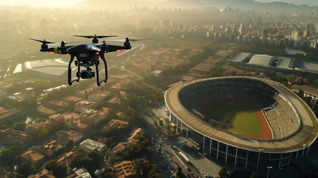 Futuristische Drohnenaufnahme über Stadion und Skyline