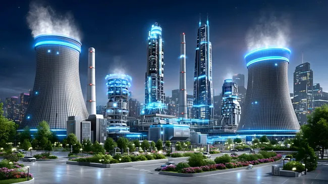 Futuristische Großstadt mit moderner Architektur bei Nacht