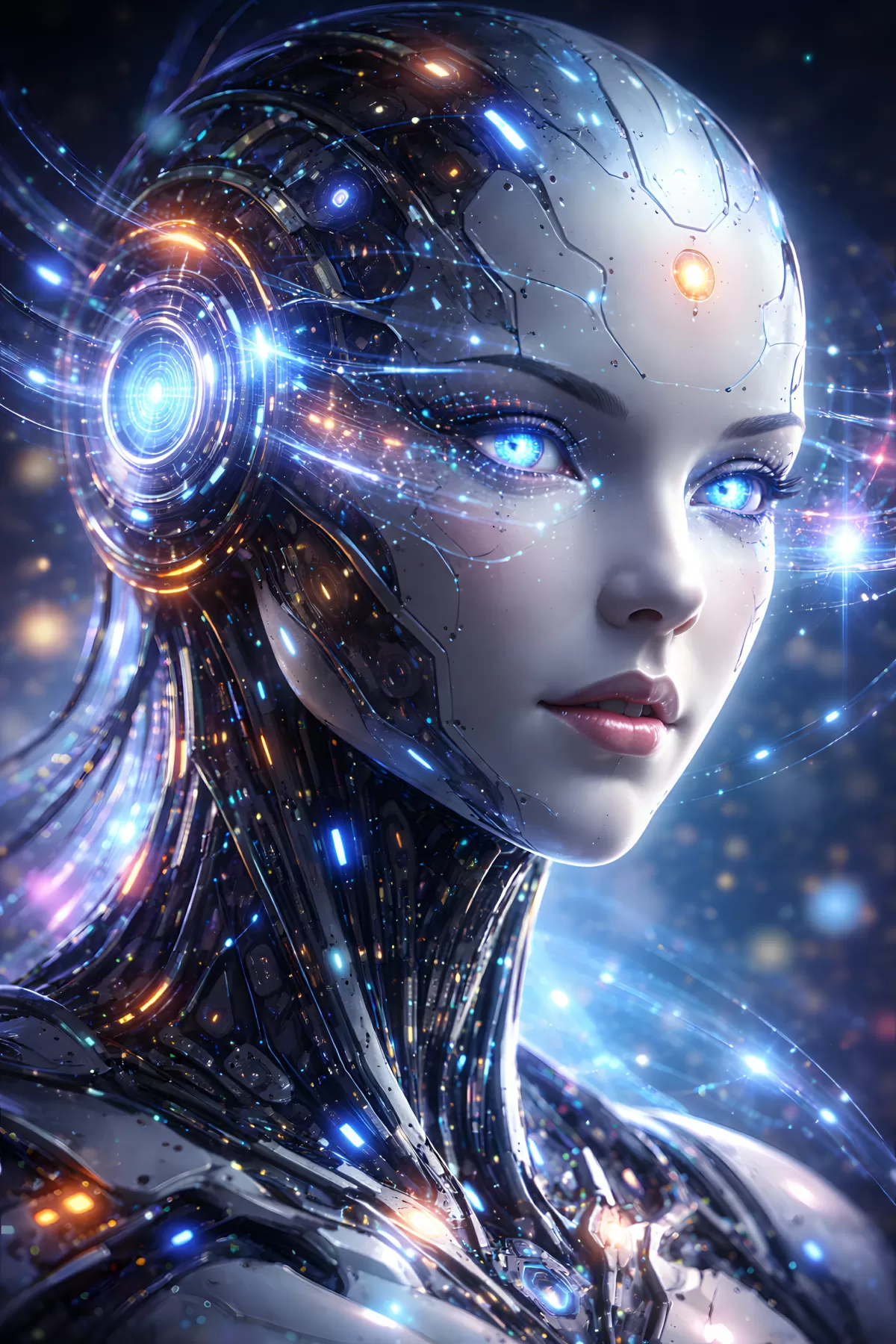 Futuristische KI-Roboterfrau mit leuchtenden Augen