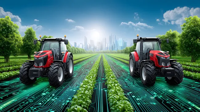 Futuristische Landwirtschaft mit Traktorenflotte und Stadtkulisse