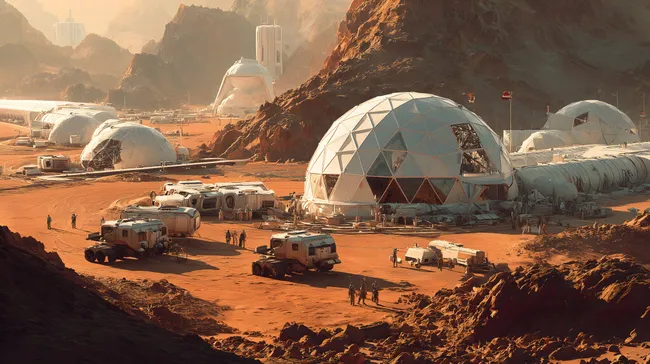 Futuristische Marskolonie in der Wüste