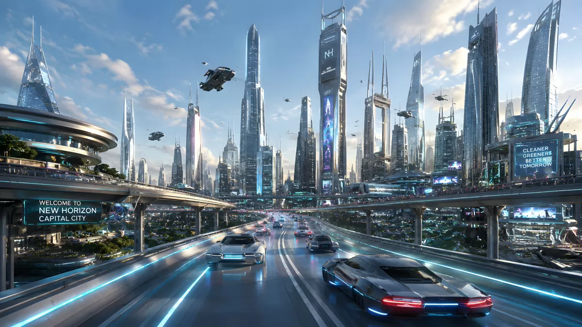 Futuristische Metropole mit fliegenden Autos und Wolkenkratzern