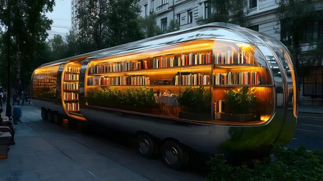 Futuristische mobile Bibliothek im modernen Stadtbild